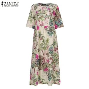 Women's Summer Short Sleeve Sundress ZANZEA Woman Floral Printed Dress Bohemian Elegant Casual Oversized  Holiday Long Dresses