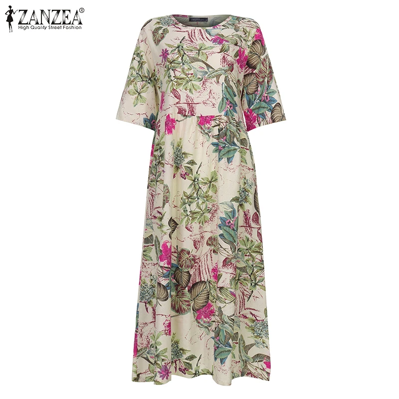 Women's Summer Short Sleeve Sundress ZANZEA Woman Floral Printed Dress Bohemian Elegant Casual Oversized Holiday Long Dresses - الصورة 5