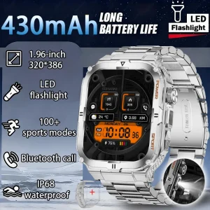 2026 New Men's Smart Watch LED Flashlight IP68 Waterproof Outdoor Sports Wristwatch Health Monitor Smart Watch for IOS Android