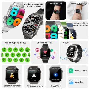 LAXASFIT New Smart Watch 2.01" 3D Curved Screen Men Women BT Call Sports Fitness Health Smartwatch Music Weather Smart Watch