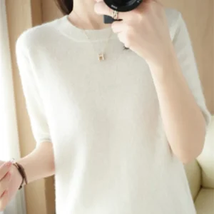 Spring and Summer New Short-sleeved Women O-neck Slim Wool Cotton Blend Pullover Vest T-shirt Knitted Base Sweater