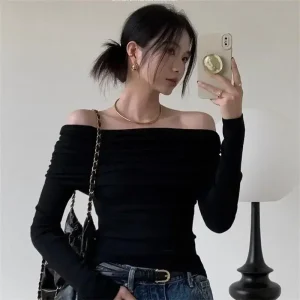 Women Off Shoulder Long Sleeve Knitted T-shirt Sexy Tops Solid Elegant Autumn Winter New Spicy Girl Slim Fit Short Red Crop Top