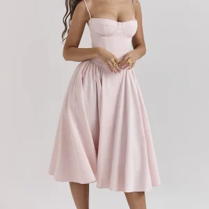 Summer Women Elegant Sleeveless Backless Pleated Dresses Lady Sexy Solid Sling Midi Dress 2024 Female Party Evening A-line Robes