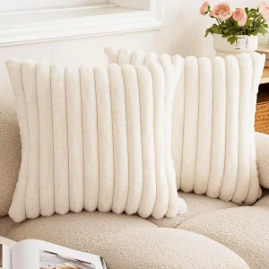 Faux Rabbit Fur Square Cushion Cover Big Thick Striped Super Soft Solid Color Pillow Cover 24×24inch Sofa Decor Cushion Covers
