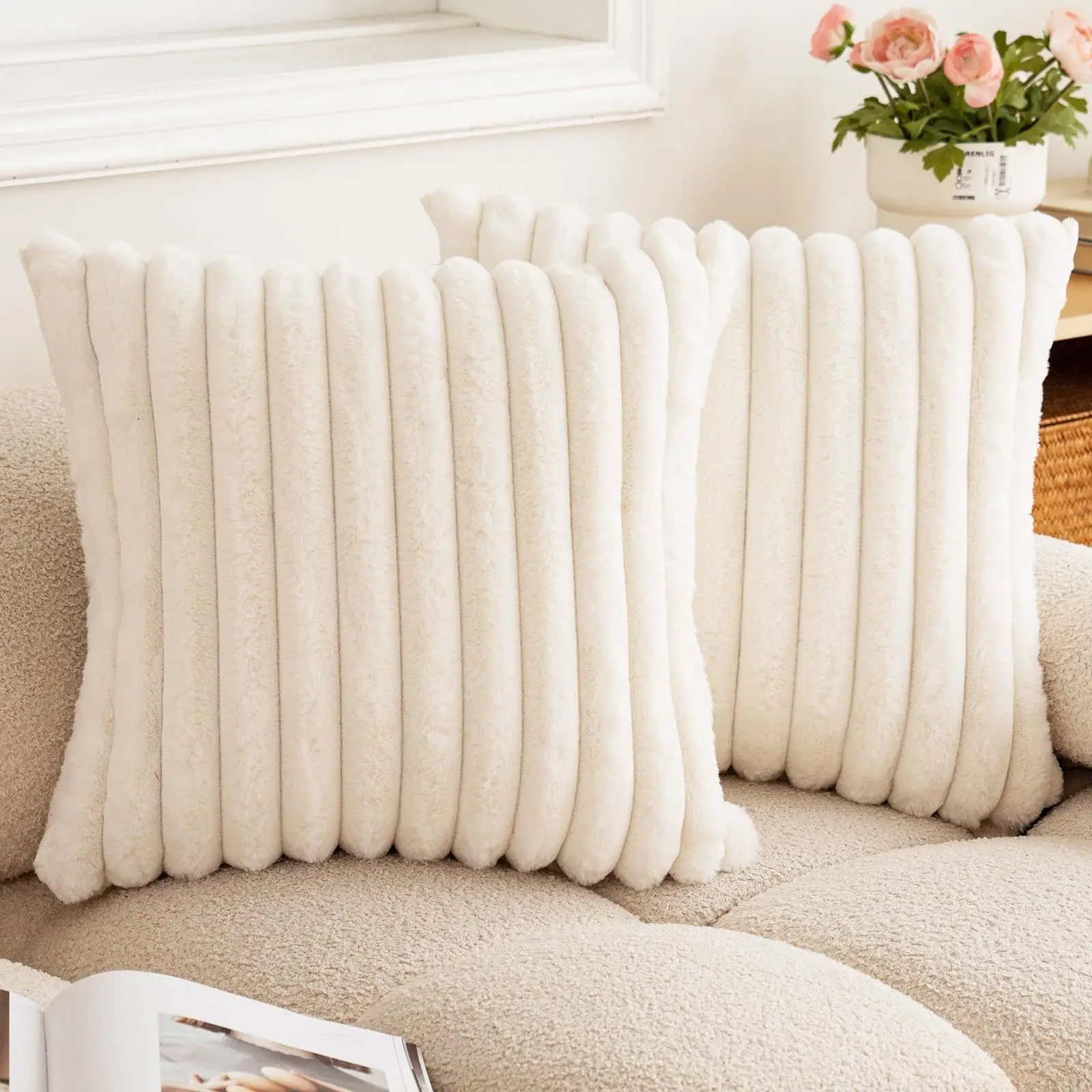Faux Rabbit Fur Square Cushion Cover Big Thick Striped Super Soft Solid Color Pillow Cover 24×24inch Sofa Decor Cushion Covers - الصورة 13