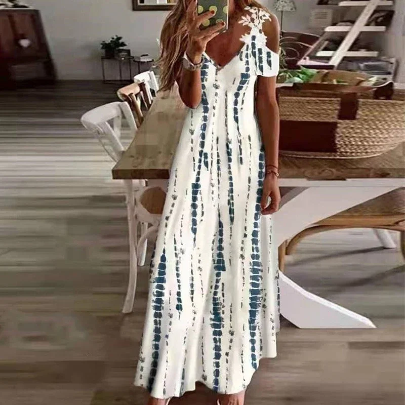 Women's Printed White Lace Sleeveless Suspender Dress Summer Fashion Casual Long Dress - Image 3