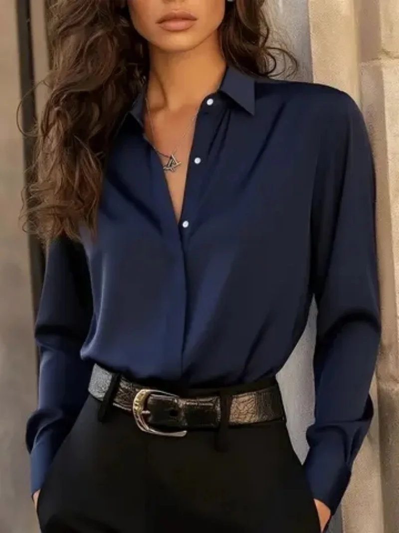 Women's Long Sleeve Button Down Blouse - Elegant Office Chic Top with Classic Collar & Versatile Style