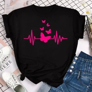 New Fashion Women T-shirt Colorful Butterfly Petal Print Short Sleeve and Round Neck Cute Graphic Tee Shirts Female Tops Clothin