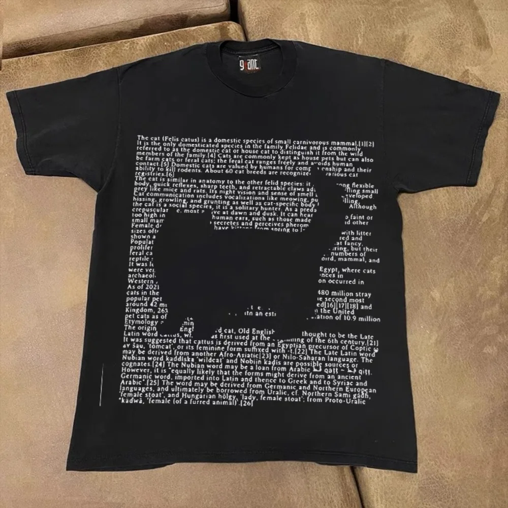 European Cute Letters Cat Print Pure Cotton T Shirt Men Women Summer Y2k Personality Cute Street Clothing Half Sleeved Tops - الصورة 2