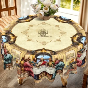 1 Piece, the Last Dinner Theme Tablecloth + 4 Self-Adhesive, Retro Scene Printing, Embossed Edge, Woven Polyester Fabric, Round/Rectangular Tablecloth, for Home Decoration, Kitchen Decoration, Outdoor Garden, Holiday Party, Restaurant Banquet Decoration-Oo-024