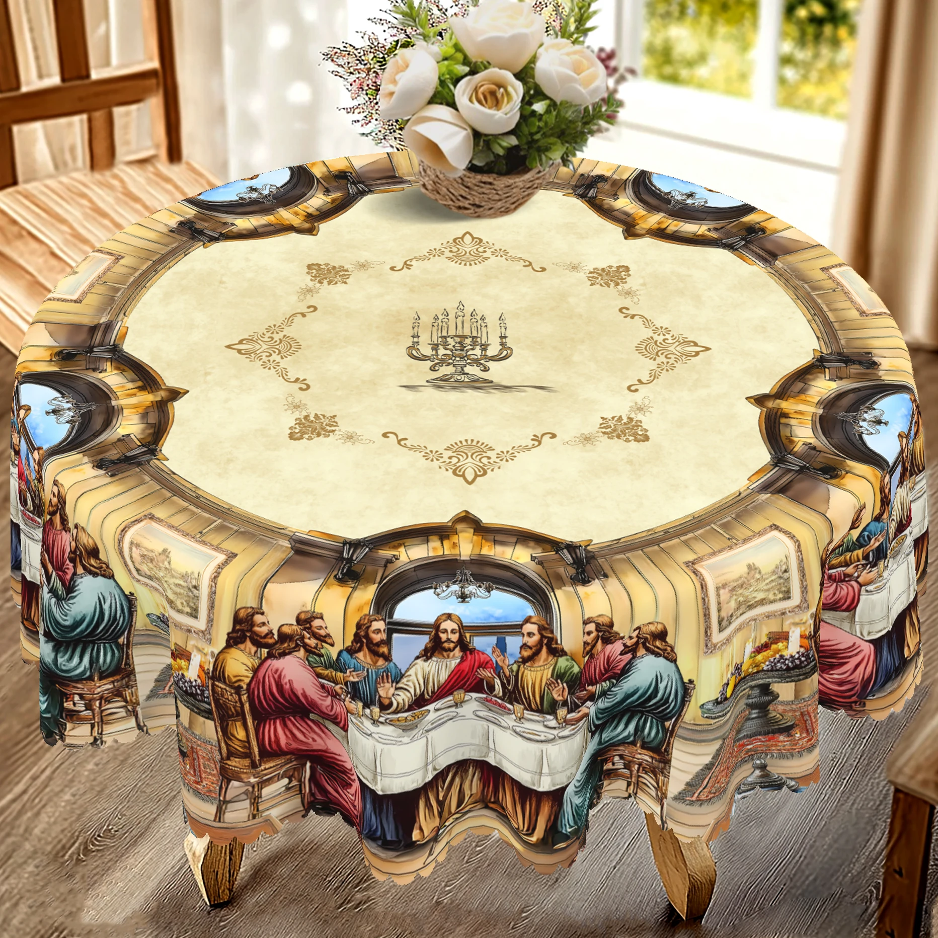 1 Piece, the Last Dinner Theme Tablecloth + 4 Self-Adhesive, Retro Scene Printing, Embossed Edge, Woven Polyester Fabric, Round/Rectangular Tablecloth, for Home Decoration, Kitchen Decoration, Outdoor Garden, Holiday Party, Restaurant Banquet Decoration-Oo-024 - الصورة 2