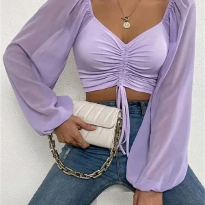 Drawstring Front Sheer Sleeve Crop T-Shirt Women Plunge Neck Long Sleeve Ribb-knit Ruched Blouse Sexy Top Spring Summer Outfit