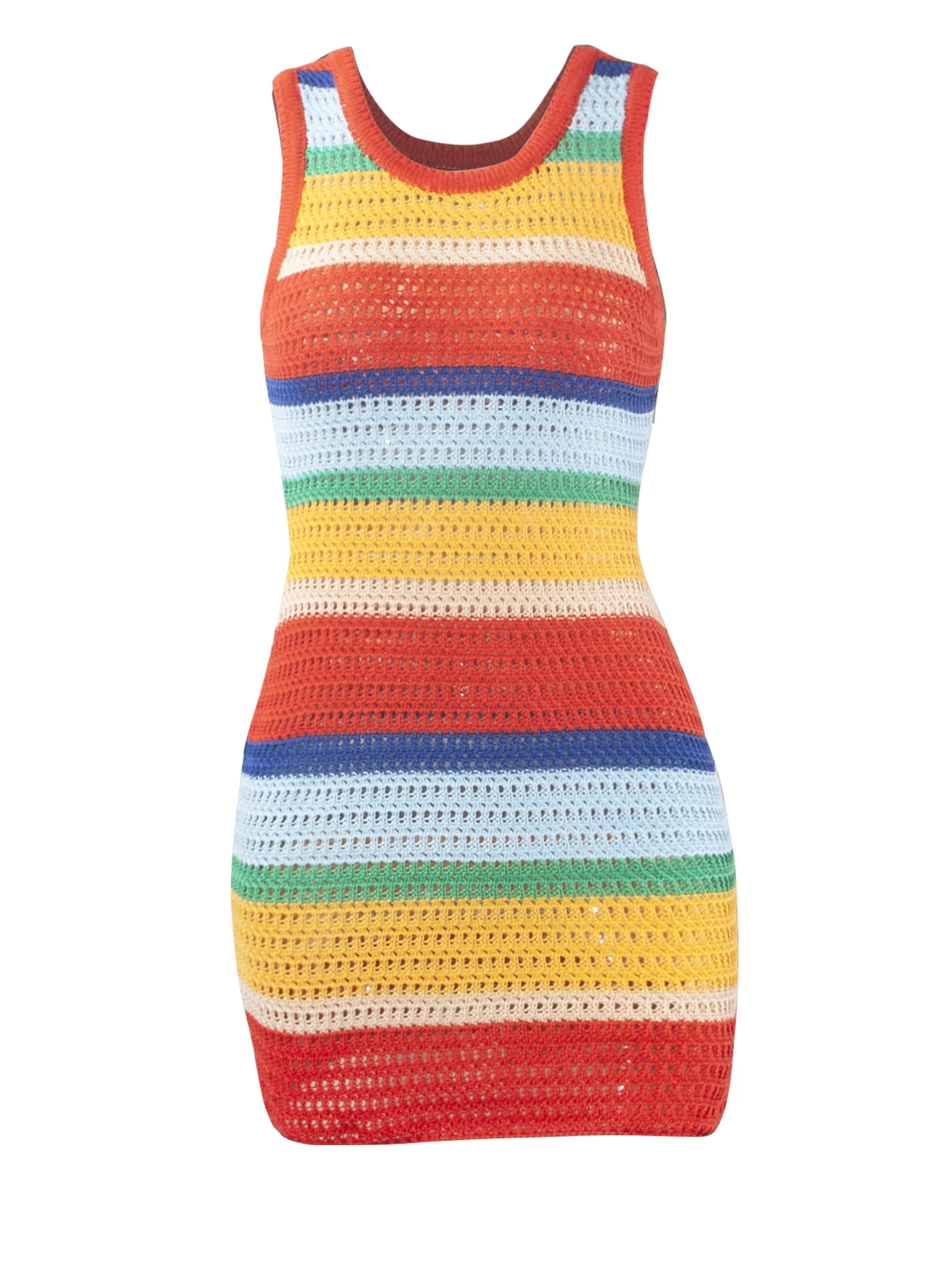 Women Panelled Striped Knitted Hollow Out Mini Dress Casual Tank Sleeveless Bodycon Hot Girl Streetwear Outfit - Image 3
