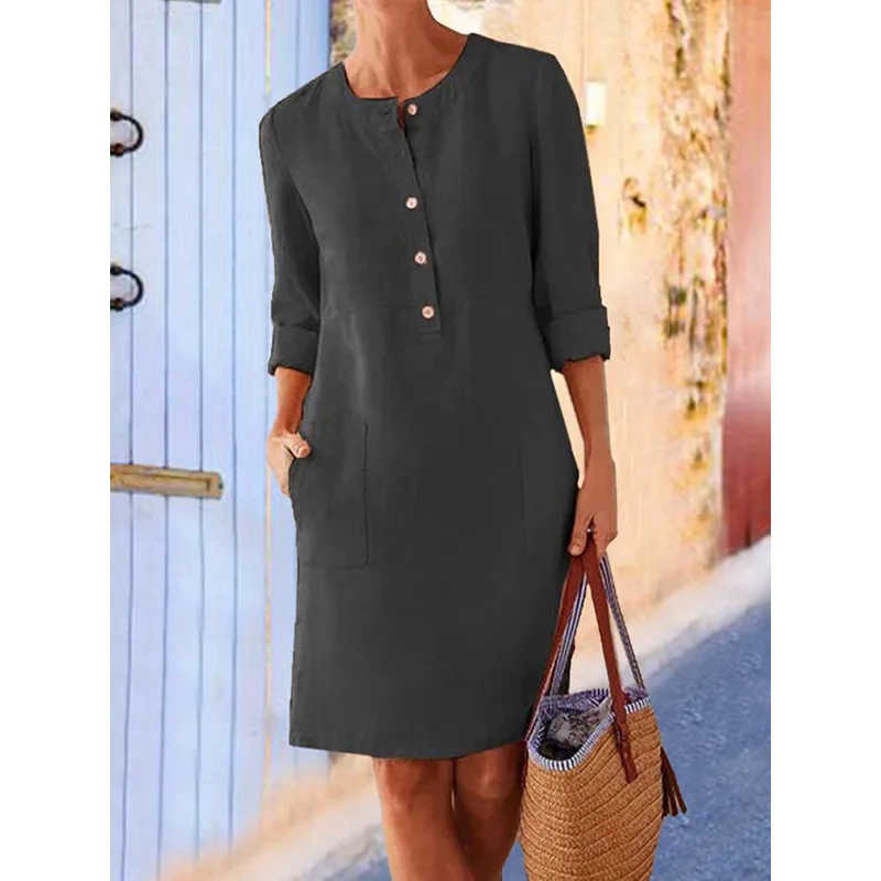 Women Casual Soild Long Sleeve Cotton And Linen Tunic Dress Vintage Straight Dress Long Sleeve Oversized Mini Knee-Length Dress - Image 6