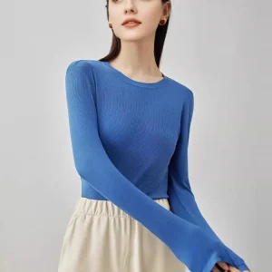 SuyaDream Women Knitted T Shirt Silk Viscose Blend Long Sleeves Solid Basic Cozy Tee 2026 Spring Summer Ribs Top Pink Blue