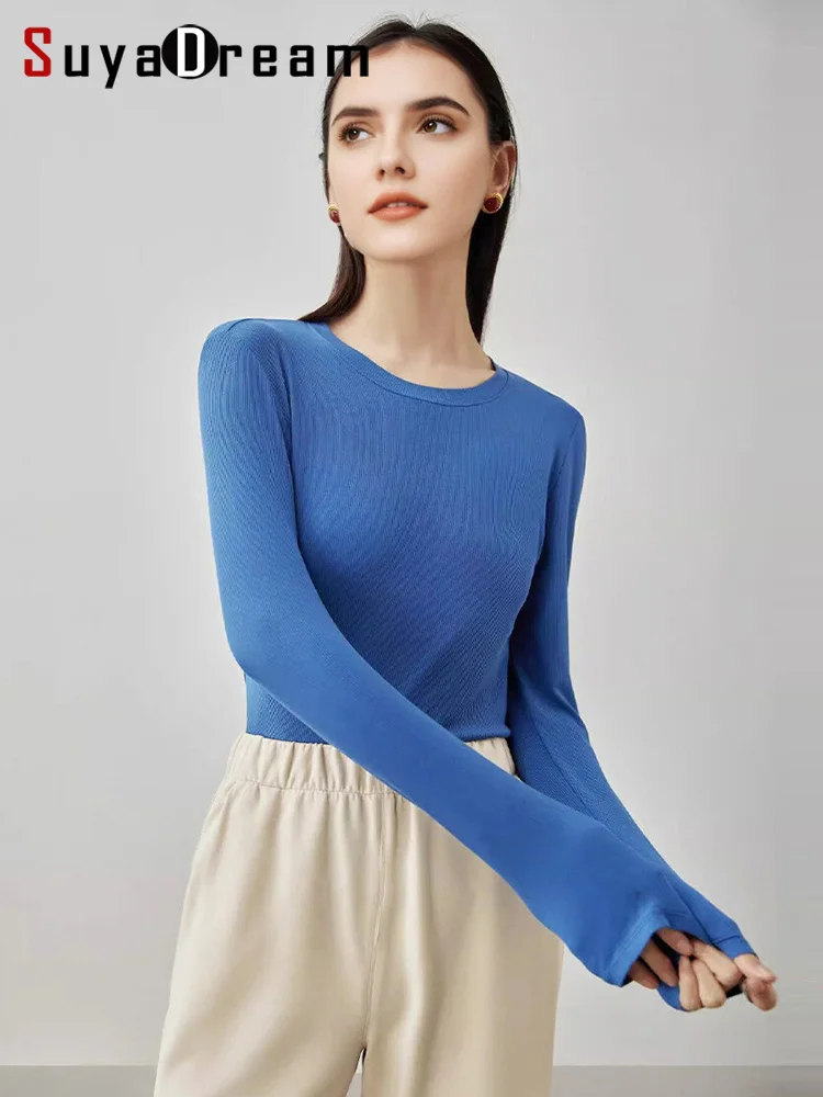 SuyaDream Women Knitted T Shirt Silk Viscose Blend Long Sleeves Solid Basic Cozy Tee 2026 Spring Summer Ribs Top Pink Blue