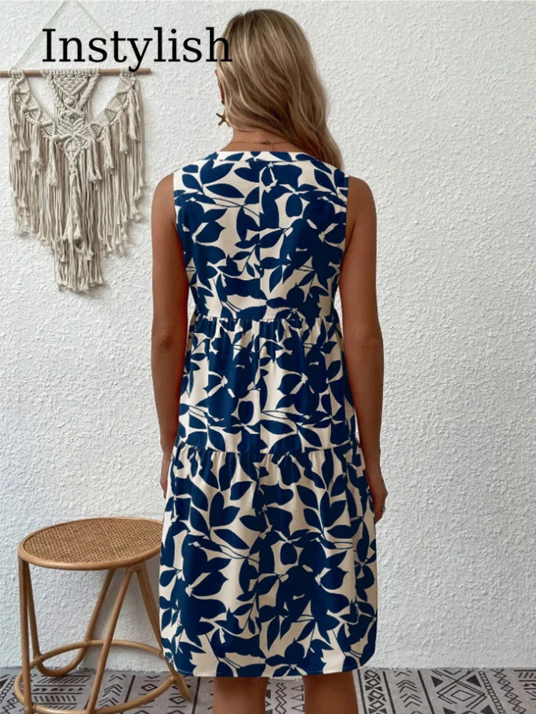 Women Boho Print Mini Dress Summer Elegant Sleeveless V Neck Ruffle A Line Tank Dress Casual Loose Oversize Beach Party Sundress - الصورة 6