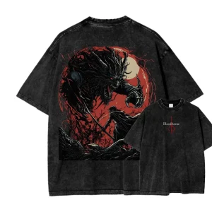 New Top Fashion Action Role-playing GameBlood Borne Peripherals Print T-shirt Vintage Washed Men Women Cotton Loose Oversize Tee