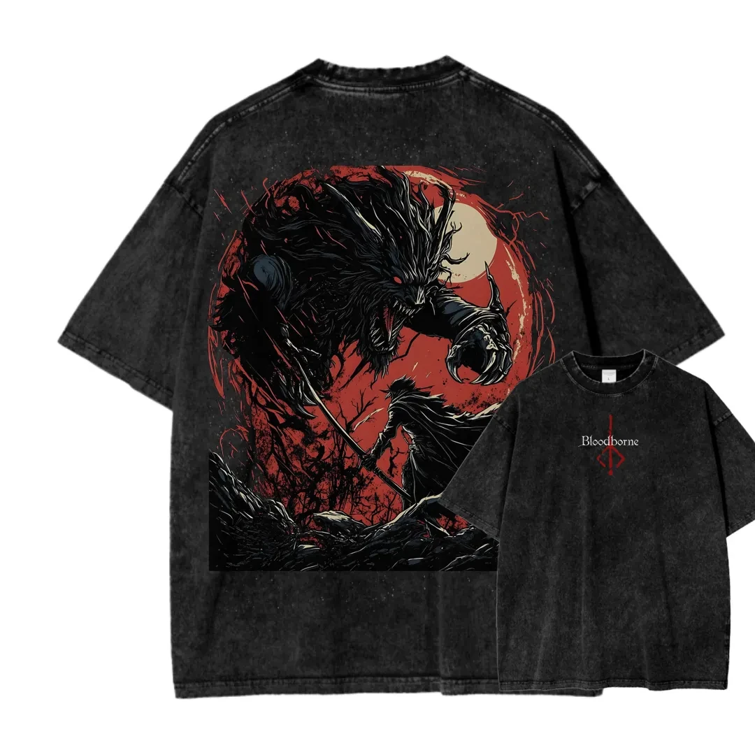 New Top Fashion Action Role-playing GameBlood Borne Peripherals Print T-shirt Vintage Washed Men Women Cotton Loose Oversize Tee - Image 3