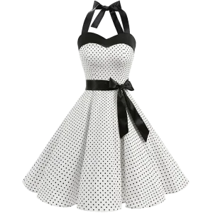 Women Polka Dot Print Summer Dress Sexy Retro White Halter Vintage Dress Robe Femme Pin Up Rockabilly Party Dress
