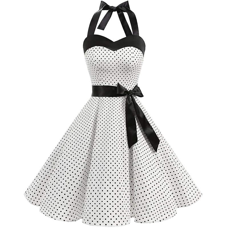 Women Polka Dot Print Summer Dress Sexy Retro White Halter Vintage Dress Robe Femme Pin Up Rockabilly Party Dress - الصورة 9