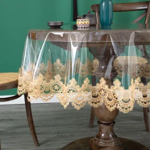 PVC Transparent Embroidered Lace Tablecloth with Drooping Soft Tablecloth Household Round Table TableclothTable Cloth Waterproof