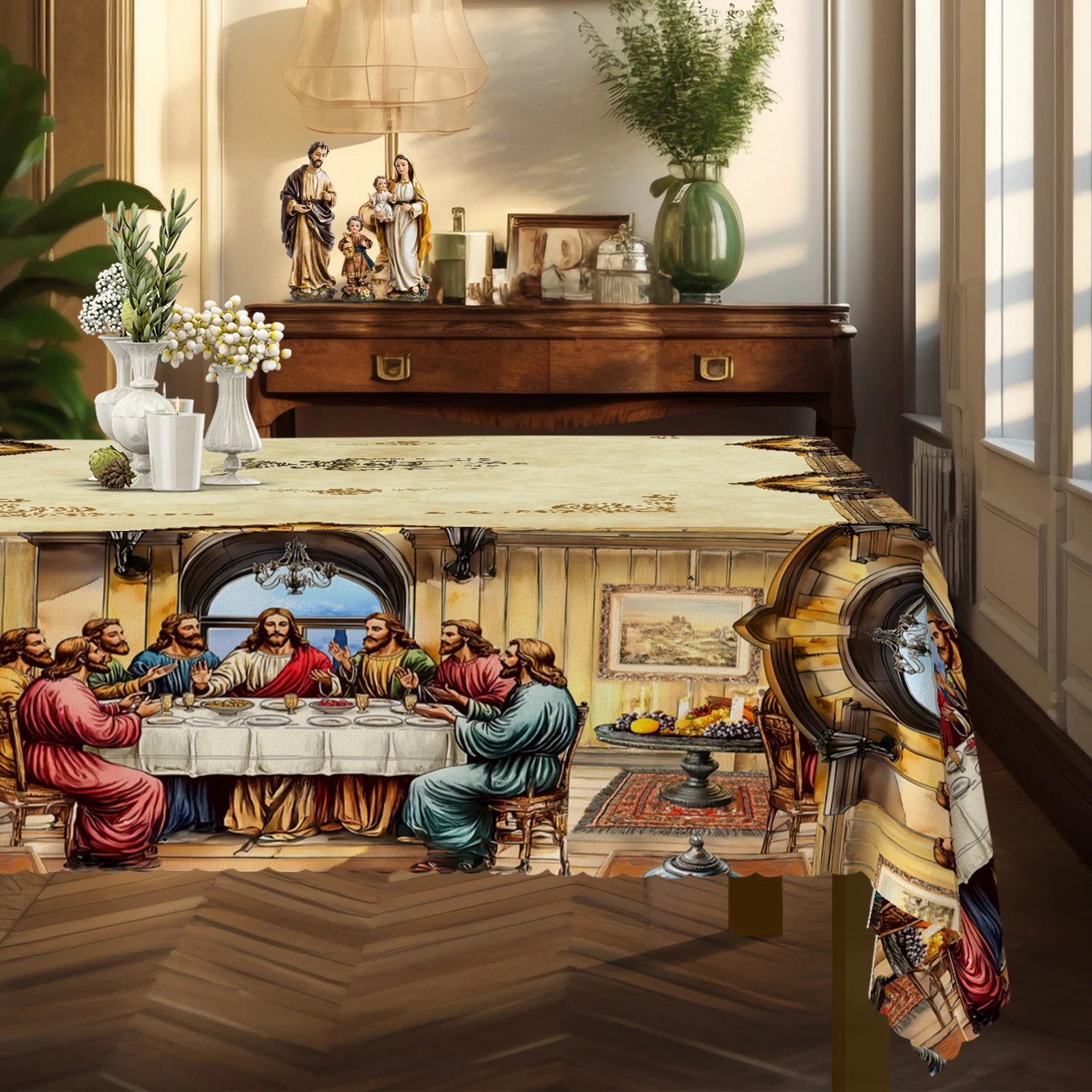 1 Piece, the Last Dinner Theme Tablecloth + 4 Self-Adhesive, Retro Scene Printing, Embossed Edge, Woven Polyester Fabric, Round/Rectangular Tablecloth, for Home Decoration, Kitchen Decoration, Outdoor Garden, Holiday Party, Restaurant Banquet Decoration-Oo-024 - الصورة 4