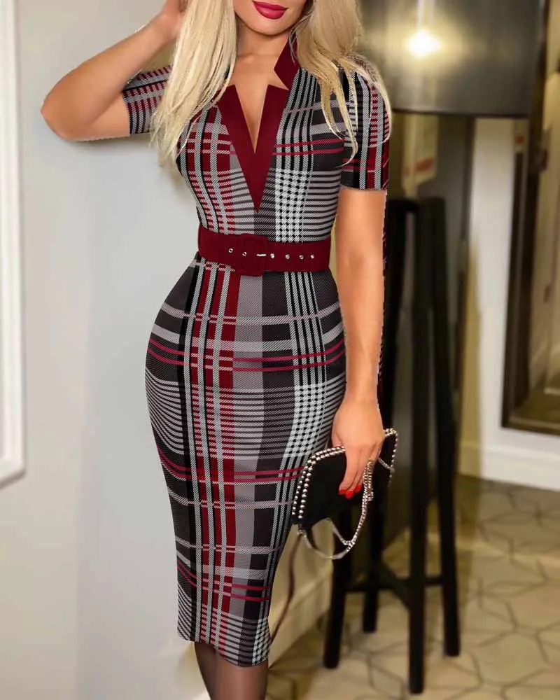 Allover Print V Neck Pencil Dress Elegant Long Sleeve Belt Dress Women's Clothing - Image 5