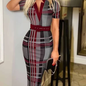 Women's Sexy Geometric Pattern V-Neck Midi Pencil Dress with Belt, Long Sleeve Knit Bodycon Dress, Suitable for All Seasons
