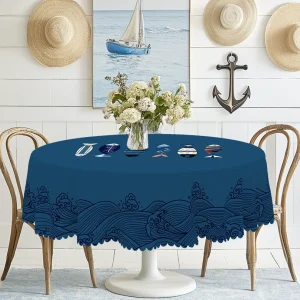 1 Piece of Summer Simple Ocean Style Printed Round Tablecloth, Geometric Fish Pattern Rectangular Tablecloth, Party Tablecloth, Home Table Decoration, Courtyard Camping Table Decoration, Table Cover for Daily Home Kitchen, Restaurant Terrace Indoor and Outdoor Use