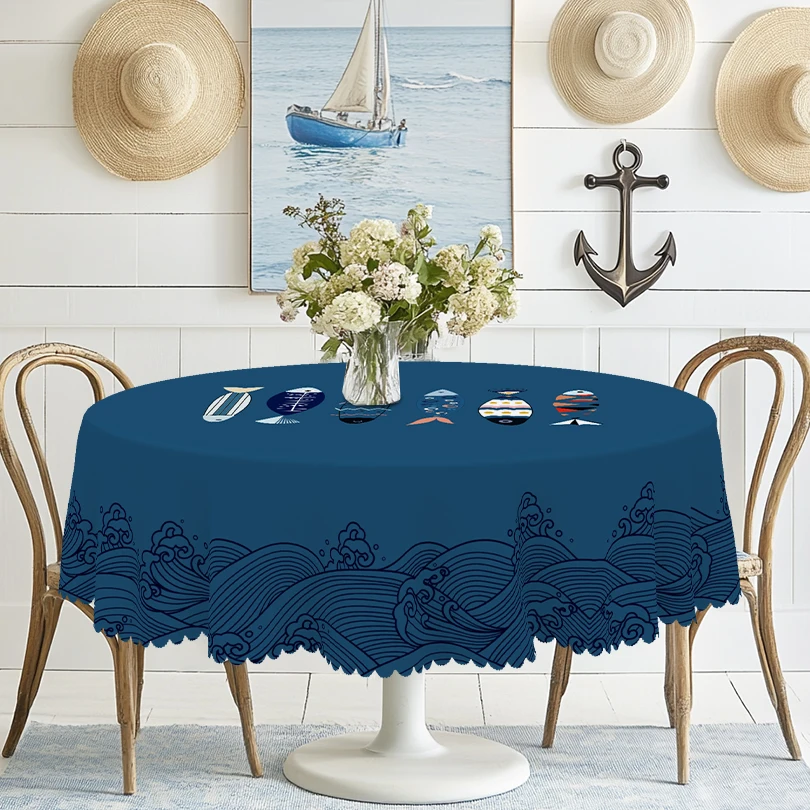 1 Piece of Summer Simple Ocean Style Printed Round Tablecloth, Geometric Fish Pattern Rectangular Tablecloth, Party Tablecloth, Home Table Decoration, Courtyard Camping Table Decoration, Table Cover for Daily Home Kitchen, Restaurant Terrace Indoor and Outdoor Use - Image 2