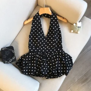 Backless Sexy Halter Beach Babydoll Crop Tops Women Polka Dots V neck Sleeveless T shirt Ruffles Basic Tees Not-Padded Pad
