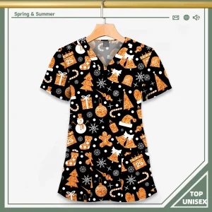 Surgical Uniform Printing Holiday Beautiful Shirt V-neck Style Pocket Design Blouse Surgical Top Woman Men Nurse Medical Uniform
