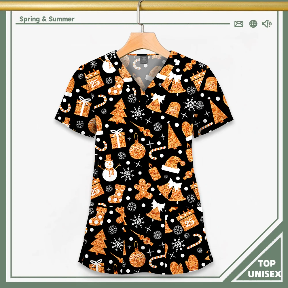 Surgical Uniform Printing Holiday Beautiful Shirt V-neck Style Pocket Design Blouse Surgical Top Woman Men Nurse Medical Uniform - الصورة 12