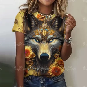 New T-shirt For Women Wolf Print Tees O Neck Loose Short Sleeve Blouse Female Fashion Animal Graphic Tops Harajuku Streetwear
