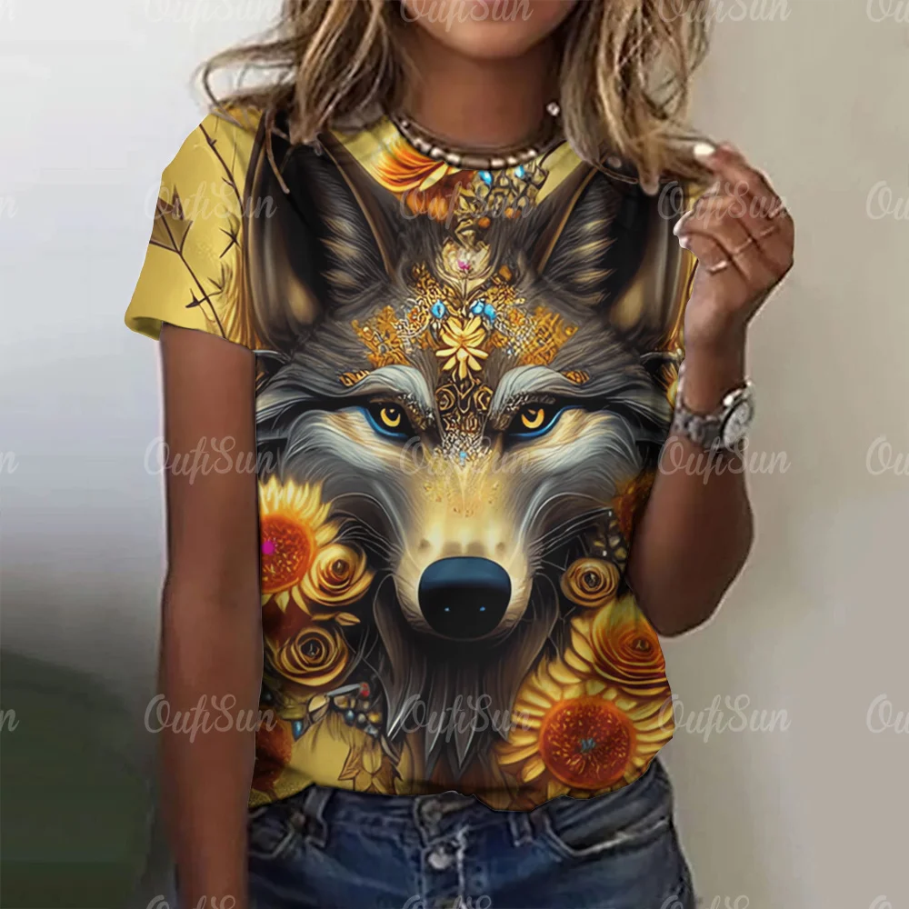 New T-shirt For Women Wolf Print Tees O Neck Loose Short Sleeve Blouse Female Fashion Animal Graphic Tops Harajuku Streetwear - الصورة 11