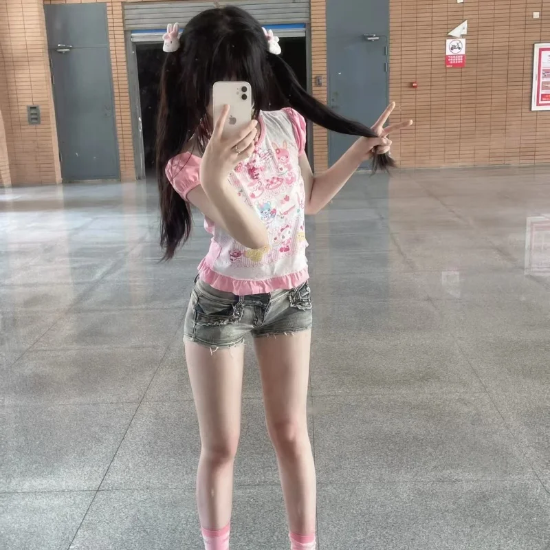 Japanese Girl Woman Clothing Cute Printed Short T-shirts Female Summer Colorful Short Tops Kawaii Pulover Youthful y2k Clothes - الصورة 5