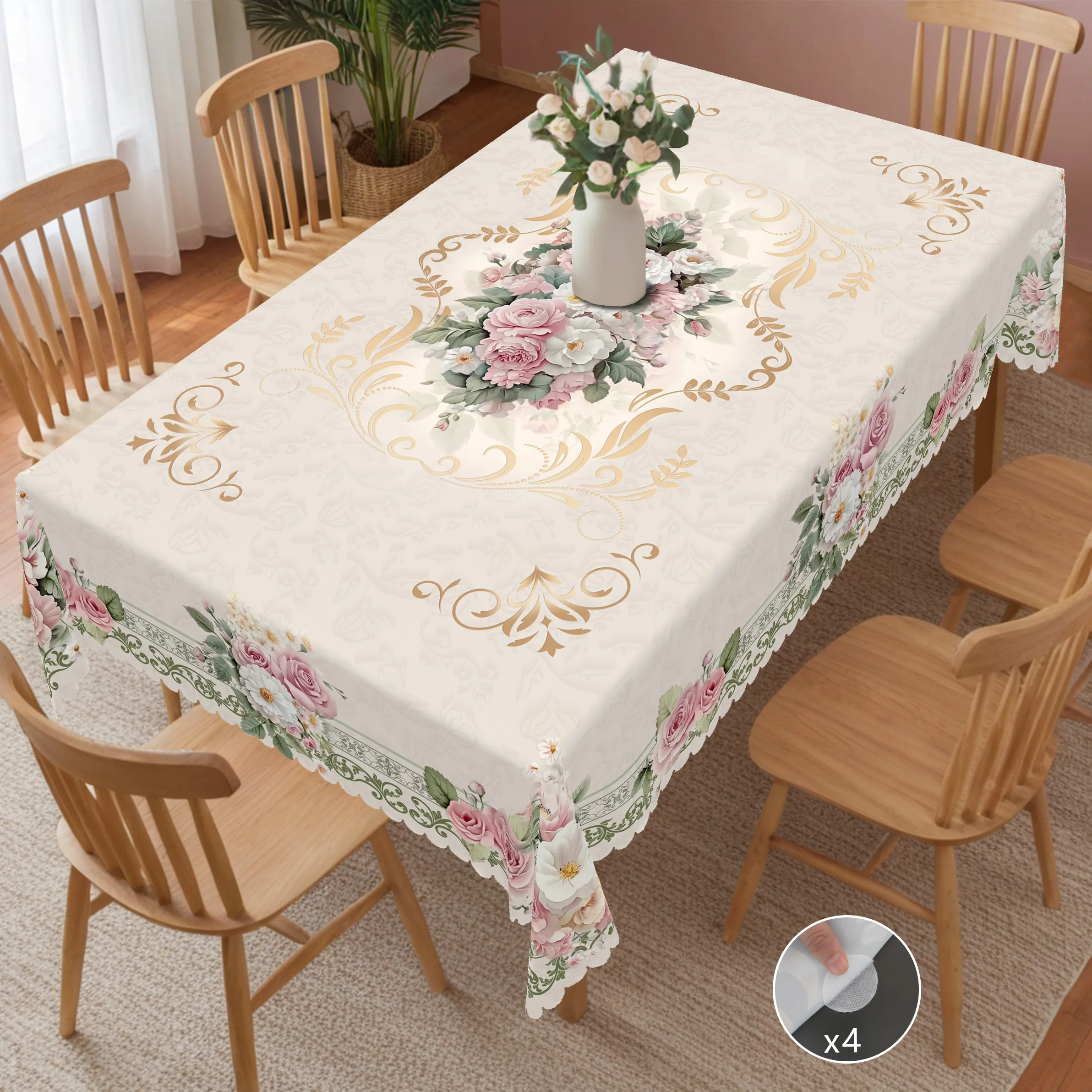 1 Piece of Retro Beige Rose Daisy Pattern Tablecloth, Elegant and Romantic French Style Floral Print Round, Rectangular Tablecloth, Suitable for Home Kitchen, Dining Table, Garden, Courtyard Indoor and Outdoor Decorative Tablecloth, Suitable for Valentine's Day, Mother's Day, Wedding, Birthday, Anni - الصورة 3