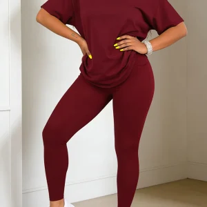 Fashion round-neck short-sleeved top paired with tight-fitting long pants - women's two-piece solid-color set