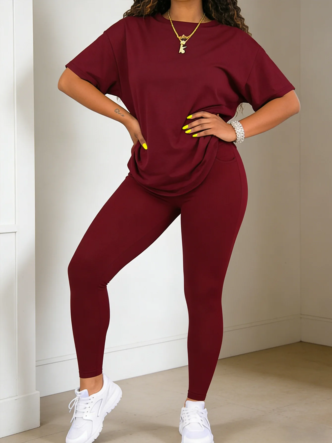 Fashion round-neck short-sleeved top paired with tight-fitting long pants - women's two-piece solid-color set - Image 5