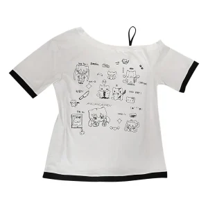 Japanese Y2k Subculture Cute T Shirt Off-shoulder White Short-sleeved Summer T-shirt Woman Cartoon Print Sweet Harajuku Tees