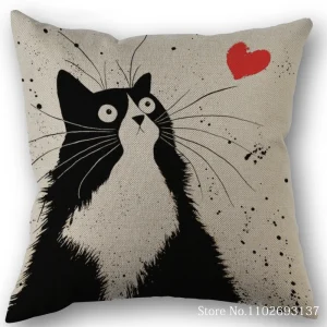 Cute Black And White Cat Printing Pillowcase Cotton Linen Fabric Square Zipper Pillowcase Wedding Decorative Pillow Cover