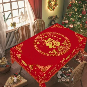 1 Piece of Chinese Blessing Red Round Tablecloth, 5 Sizes, Chinese Spring Festival Wealth Cantonese Printed Square Tablecloth, Edge Embossing Process, Wedding Garden Tablecloth Decoration, Tablecloth for Daily Home Kitchen, Terrace Use, Chinese Wedding Decoration Gifts