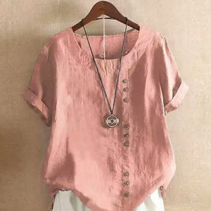 Vintage Harajuku Button T Shirt Casual Summer Short Sleeve Cotton Linen Solid Loose Blouse Elegant Oversize Tee Shirt Streetwear