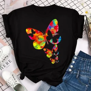 New Fashion Women T-shirt Colorful Butterfly Petal Print Short Sleeve and Round Neck Cute Graphic Tee Shirts Female Tops Clothin