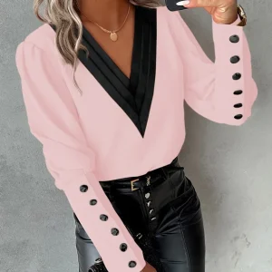 Office Ladies V-neck Button Shirt Blouse Spring Autumn Fashion Color Matching Long Sleeve Shirts For Women 2024 White Tops Femme