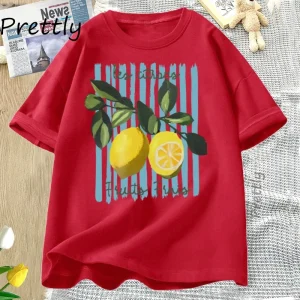 Summer Lemon T-shirt Vintage Cottagecore French T Shirt Cotton Lemon Tee Shirt Vacation Beach Tshirt Casual Short Sleeve Tops
