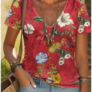 Summer New Women's T-Shirt 3D Vintage Floral Print V Neck Short Sleeve Shirt Fashion Ladies T-Shirt Clothing Y2k Women's T-Shirt