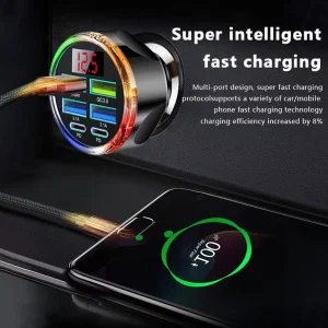 UYUXIO Dual PD USB C Car Charger Adapter 6 in 1 with Voltage Display Colorful Iight QC 4.0 PPS Super Fast Charge with Volt Meter