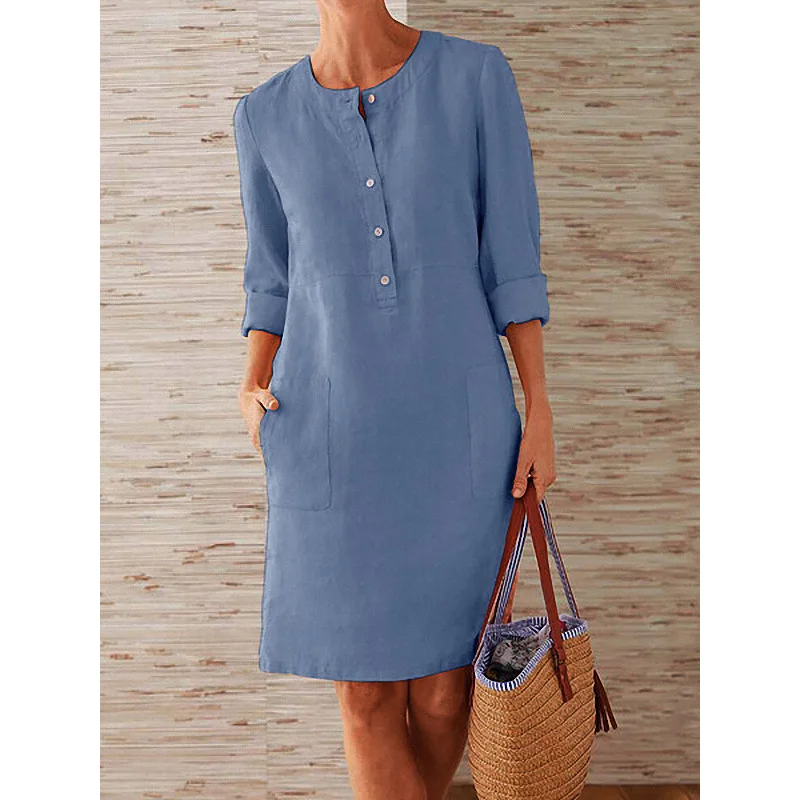 Women Casual Soild Long Sleeve Cotton And Linen Tunic Dress Vintage Straight Dress Long Sleeve Oversized Mini Knee-Length Dress - Image 10